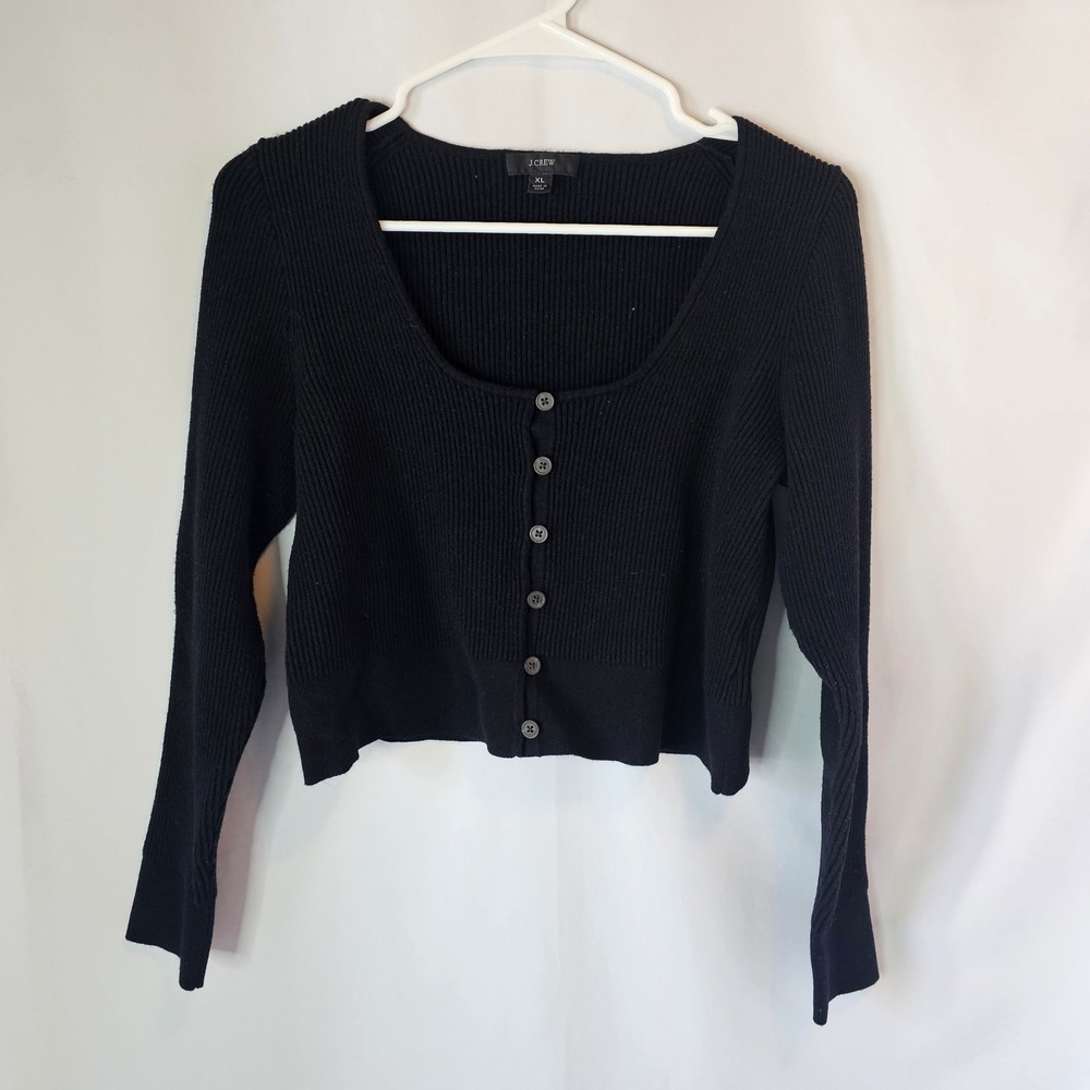 J.Crew Ribbed Cardigan Women XL‎ Black Scoop Neck Cropped Minimalist Layering